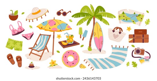 Summer set of cute elements, drawn in a minimalist style. Flat vector illustration. Summertime and beach icons