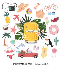 Summer set of cute elements: suitcase, palm tree, toucan, swimwear, camera, bicycle, plane, pineapple, watermelon, ice cream. Summer time. 