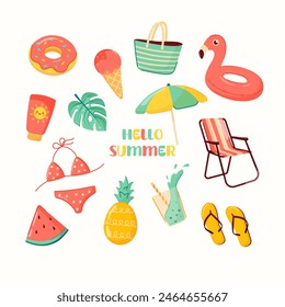 Summer set of cute elements: swimsuit, sun lounger, umbrella, swimming circle, fruit, ice cream, cocktail, sunscreen. Summer stickers set for daily planner, summer vacation. Vector illustration