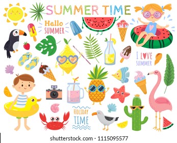 Summer set with cute elements.Funny fruits, drinks, tropical. leafs, ice cream and bird. Kids on swimming circles.Vector illustration on white background