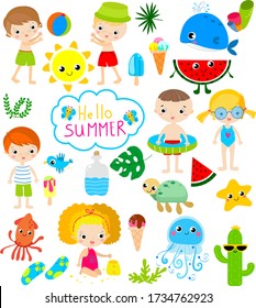 Summer set with cute elements.Funny fruits, drinks, tropical. leafs, ice cream and bird. Kids on swimming circles.Vector illustration on white background