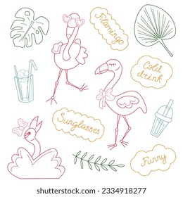 Summer set with cute flamingos and words in dialogue clouds. Doodle color lineart vector illustration.