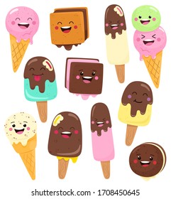 Summer set of cute and funny ice creams. Vector isolates in cartoon flat style.