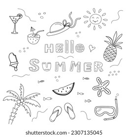 Summer set. Cute hand drawn summer elements. Line art. Beach, tropical palm tree, ice cream, watermelon. Summertime doodle icons.