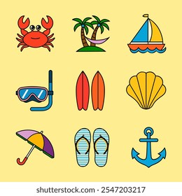 Summer set of cute icons in cartoon style. 