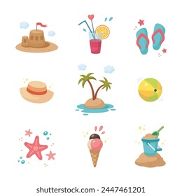 Summer Set. Cute summer icons collection. Summertime elements. Beach holidays elements. Cartoon vector illustration. Flat design.