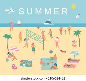 Summer set in cute style. People on the beach. Vector illustration.