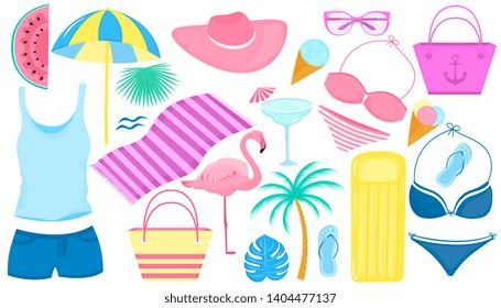 Summer set of decorative items for a beach holiday. Swimsuit, flamingo, palm tree, slices of watermelon, glasses, ice cream, inflatable lounge, cocktail, flip flops