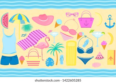 Summer set of decorative items for a beach holiday. Swimsuit, flamingo, palm tree, slices of watermelon, glasses, ice cream, inflatable lounge, cocktail, flip flops, t-shirt.