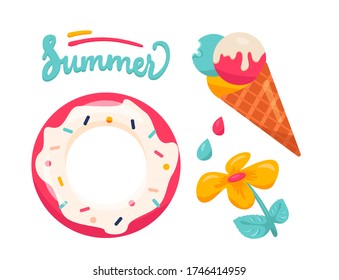 Summer set. Delicious pink donut with topping, vanilla glaze and multicolored powder. Waffle ice cream with lemon, pistachios and strawberry flavour. Yellow flower, mint leaves. Lettering. Isolated.