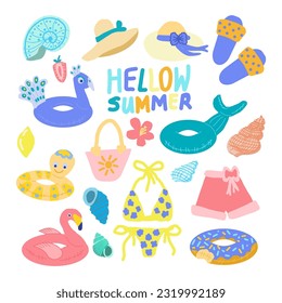 summer set of design elements in a flat cartoon doodle style.  Cute summer greeting card in square format. Lettering Hello Summer