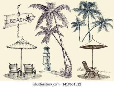 Summer set of design elements, sunbeds and beach umbrellas, palm trees and lighthouse