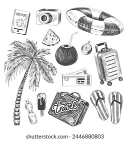 Summer set. Set of design elements for travel at sea. Sketch style palm tree, suitcase, camera, tickets, lifebuoy, passport, flip flops, cocktail in coconut. Engraved vector illustrations