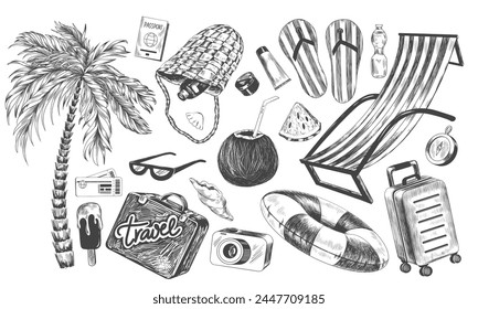 Sommerfrische. Set von Design-Elementen für Reisen auf See. Sketch-Stil Palme, Strandtasche, Sonnenliege, Rettungsring, Koffer, Sonnencreme, Kamera, Tickets, Pass. Gravierte Vektorillustrationen