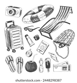 Summer set. Set of design elements for travel at sea. Sketch style beach bag, suitcase, sunscreen, camera, tickets, passport, flip flops, cocktail in coconut. Engraved vector illustrations