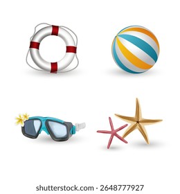 Summer set of design elements: tropical sea stars, flowers, a life ring, a swimming mask, and a striped inflatable ball. Realistic Vector color linear illustration with an inscription.