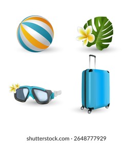 Summer set of design elements: tropical leaves, flowers, blue suitcase, swimming mask, inflatable striped ball Realistic Vector Color Line Illustration with Text