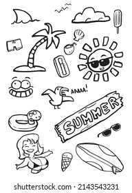 Summer set of different sketches black and white vector illustration
