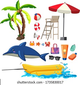 Summer set with dolphin and beach item illustration