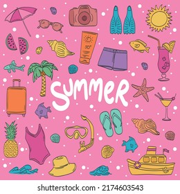Summer set doodle. Beach accessories. 