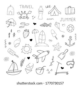 Summer set. Doodle beach elements. Set of summer hand drawn icons on white background. Vector illustration with random elements. Design for prints and cards.