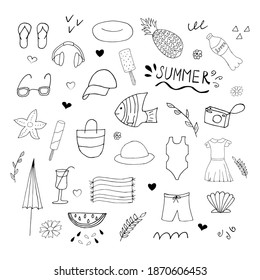 Summer set. Doodle beach elements. Set of summer hand drawn icons on white background. Vector illustration with random elements. Design for prints and cards.