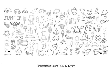 Summer set. Doodle beach elements. Set of summer hand drawn icons on white background. Vector illustration with random elements. Design for prints and cards.