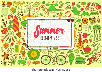 Summer set doodle elements. Travel drawing. Vacation design vector illustration. 