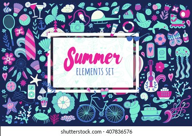 Summer set of doodle elements. Travel drawing. Vacation design objects vector illustration. 