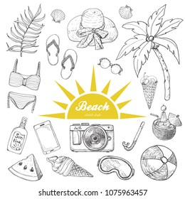 Summer set of doodle hand drawn objects isolated on white. Vector illustration for your design