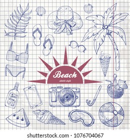 Summer set of doodle hand drawn objects isolated. Vector illustration for your design