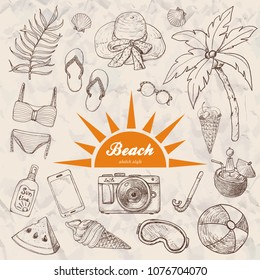 Summer set of doodle hand drawn objects isolated. Vector illustration for your design