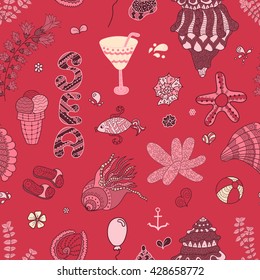 Summer set doodle pattern. Sea, shells, cactus, ball, ice cream, cocktail. Travel drawing. Vacation design vector illustration. Surface design