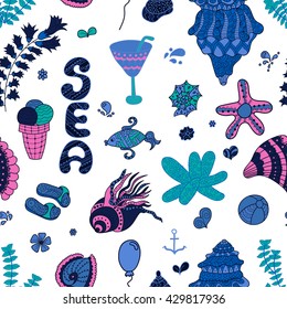 Summer set doodle pattern. Sea, shells, cactus, ball, ice cream, cocktail. Travel drawing. Vacation design vector illustration. Surface design