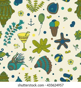 Summer set doodle pattern. Sea, shells, cactus, ball, ice cream, cocktail. Travel drawing. Vacation design vector illustration. Surface design