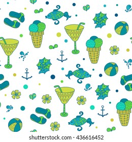 Summer set doodle pattern. Sea, shells, cactus, ball, ice cream, cocktail. Travel drawing. Vacation design vector illustration. Surface design