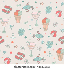 Summer set doodle pattern. Sea, shells, cactus, ball, ice cream, cocktail. Travel drawing. Vacation design vector illustration. Surface design