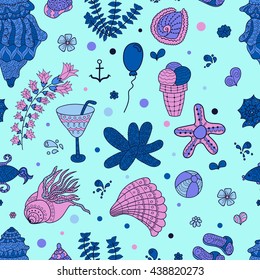Summer set doodle pattern. Sea, shells, cactus, ball, ice cream, cocktail. Travel drawing. Vacation design vector illustration. Surface design