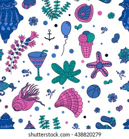 Summer set doodle pattern. Sea, shells, cactus, ball, ice cream, cocktail. Travel drawing. Vacation design vector illustration. Surface design