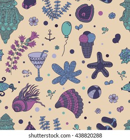 Summer set doodle pattern. Sea, shells, cactus, ball, ice cream, cocktail. Travel drawing. Vacation design vector illustration. Surface design