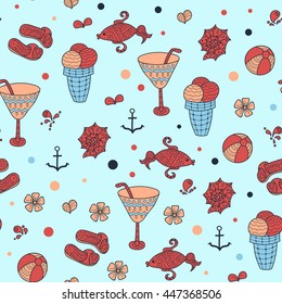 Summer set doodle pattern. Sea, shells, cactus, ball, ice cream, cocktail. Travel drawing. Vacation design vector illustration. Surface design