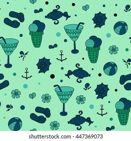 Summer set doodle pattern. Sea, shells, cactus, ball, ice cream, cocktail. Travel drawing. Vacation design vector illustration. Surface design