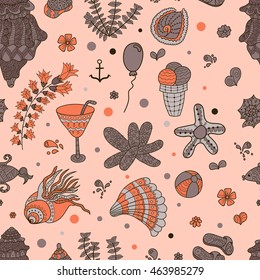Summer set doodle pattern. Sea, shells, cactus, ball, ice cream, cocktail. Travel drawing. Vacation design vector illustration. Surface design