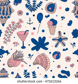 Summer set doodle pattern. Sea, shells, cactus, ball, ice cream, cocktail. Travel drawing. Vacation design vector illustration. Surface design