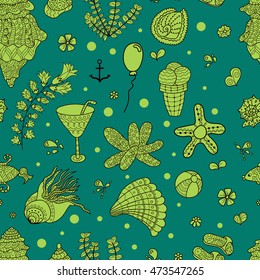 Summer set doodle pattern. Sea, shells, cactus, ball, ice cream, cocktail. Travel drawing. Vacation design vector illustration. Surface design