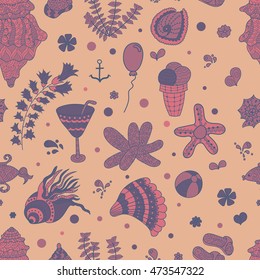Summer set doodle pattern. Sea, shells, cactus, ball, ice cream, cocktail. Travel drawing. Vacation design vector illustration. Surface design