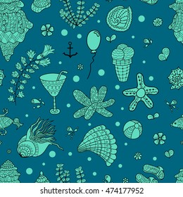 Summer set doodle pattern. Sea, shells, cactus, ball, ice cream, cocktail. Travel drawing. Vacation design vector illustration. Surface design