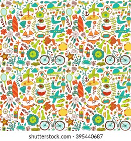 Summer set doodle pattern. Travel drawing. Vacation design vector illustration. 