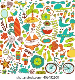 Summer set doodle pattern. Travel drawing. Vacation design vector illustration. 