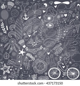 Summer set doodle pattern. Travel drawing. Vacation design vector illustration. 